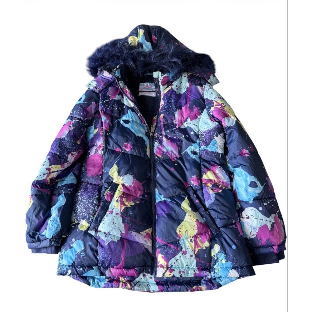 Justice Girls Winter Coat XL 16/18 Navy Multicolor Splatter Print Puffer Jacket